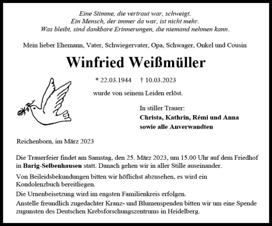 Traueranzeige von Winfried Weißmüller von Weilburger Tageblatt