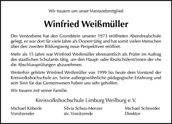 Traueranzeige von Winfried Weißmüller von Weilburger Tageblatt