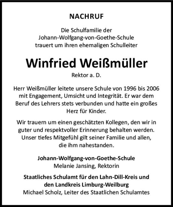 Traueranzeige von Winfried Weißmüller von Nassauische Neue Presse