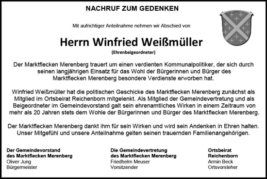 Traueranzeige von Winfried Weißmüller von Weilburger Tageblatt