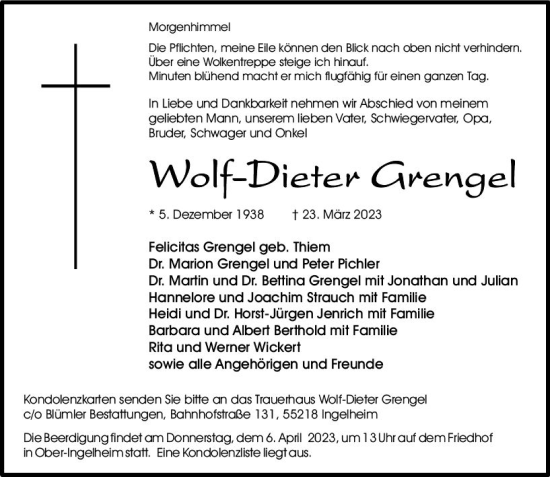 Traueranzeige von Wolf-Dieter Grengel von Allgemeine Zeitung Bingen/Ingelheim
