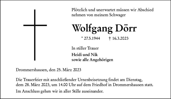 Traueranzeige von Wolfgang Dörr von Weilburger Tageblatt