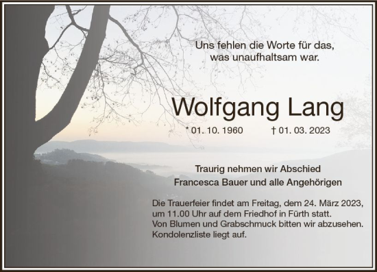 Traueranzeige von Wolfgang Lang von Starkenburger Echo