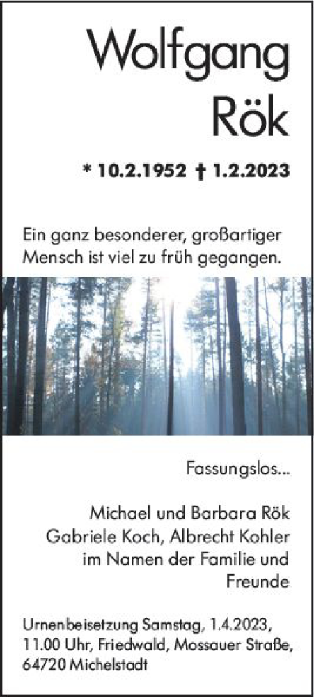 Traueranzeige von Wolfgang Rök von Odenwälder Echo