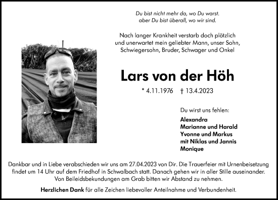 Traueranzeige von Lars von der Höh von Wetzlarer Neue Zeitung