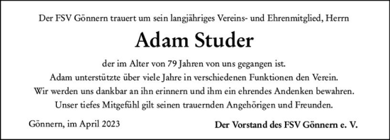 Traueranzeige von Adam Studer von Hinterländer Anzeiger