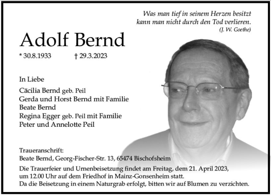 Traueranzeige von Adolf Bernd von Allgemeine Zeitung Mainz