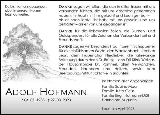 Traueranzeige von Adolf Hofmann von Wetzlarer Neue Zeitung