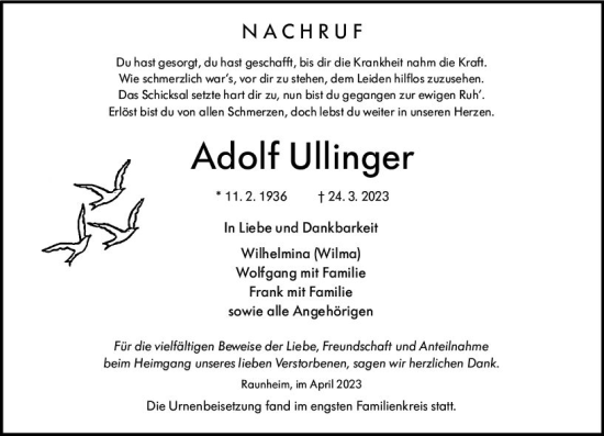 Traueranzeige von Adolf Ullinger von Rüsselsheimer Echo