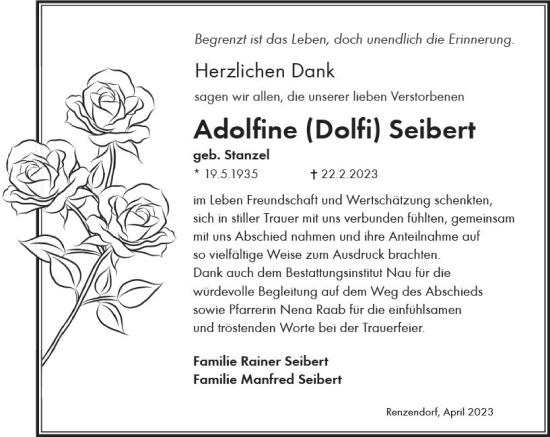 Traueranzeige von Adolfine Seibert von Oberhessen Kurier
