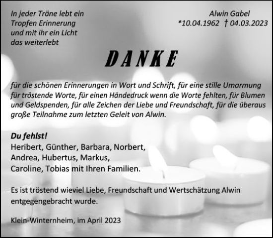 Traueranzeige von Alwin Gabel von Allgemeine Zeitung Mainz