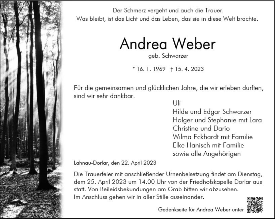 Traueranzeige von Andrea Weber von Wetzlarer Neue Zeitung