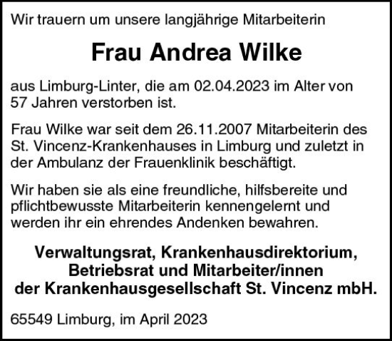Traueranzeige von Andrea Wilke von Nassauische Neue Presse