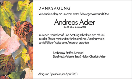 Traueranzeige von Andreas Acker von Allgemeine Zeitung Alzey
