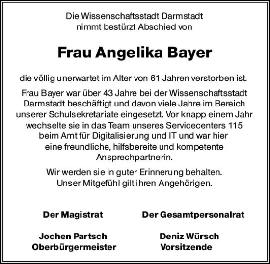 Traueranzeige von Angelika Bayer von Darmstädter Echo
