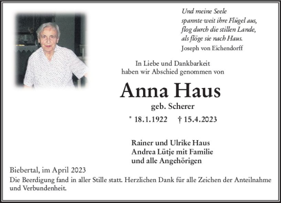 Traueranzeige von Anna Haus von Wetzlarer Neue Zeitung