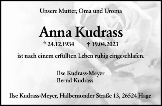 Traueranzeige von Anna Kudrass von Wormser Zeitung