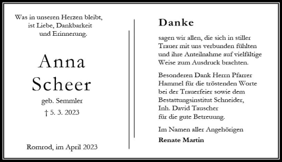 Traueranzeige von Anna Scheer von Oberhessen Kurier