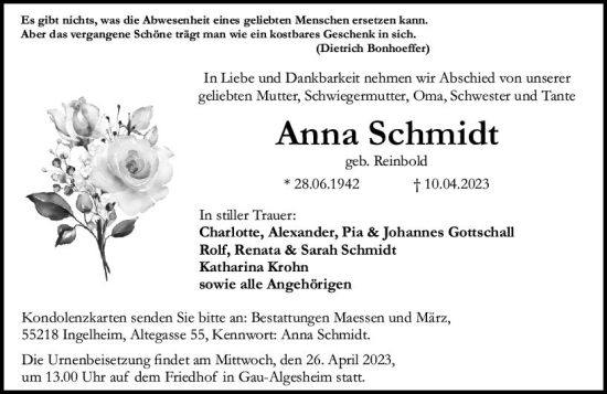 Traueranzeige von Anna Schmidt von Allgemeine Zeitung Bingen/Ingelheim