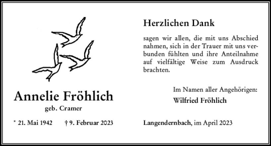 Traueranzeige von Annelie Fröhlich von Nassauische Neue Presse