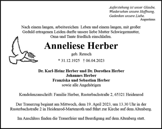 Traueranzeige von Anneliese Herber von Wiesbadener Kurier