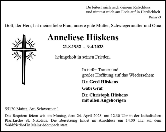 Traueranzeige von Anneliese Hüskens von Allgemeine Zeitung Mainz