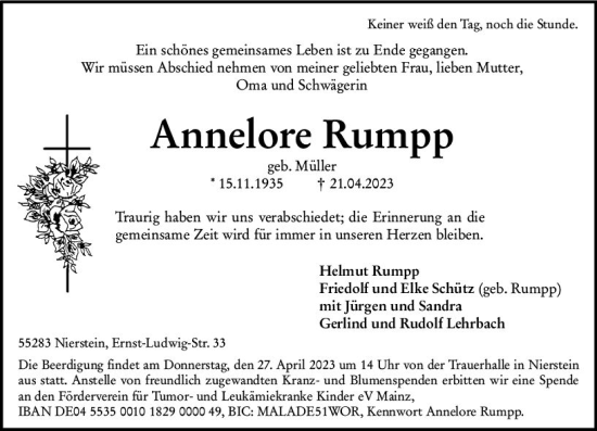 Traueranzeige von Annelore Rumpp von Allgemeine Zeitung Mainz