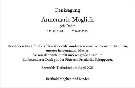 Traueranzeige von Annemarie Möglich von Wetzlarer Neue Zeitung
