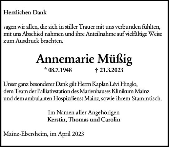 Traueranzeige von Annemarie Müßig von Allgemeine Zeitung Mainz