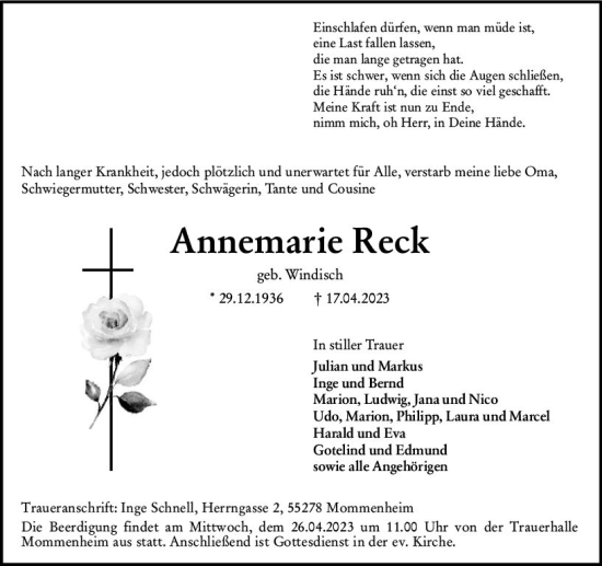 Traueranzeige von Annemarie Reck von Allgemeine Zeitung Mainz