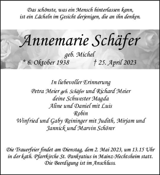 Traueranzeige von Annemarie Schäfer von Allgemeine Zeitung Mainz