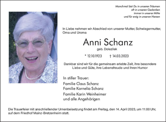 Traueranzeige von Anni Schanz von Allgemeine Zeitung Mainz