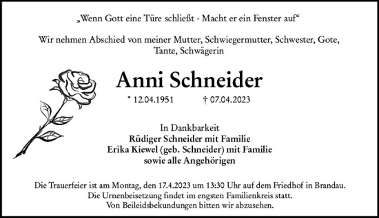 Traueranzeige von Anni Schneider von Darmstädter Echo