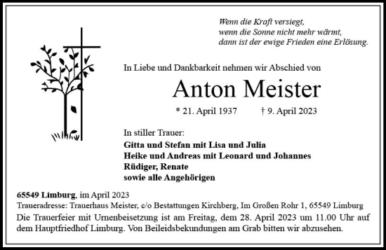 Traueranzeige von Anton Meister von Nassauische Neue Presse
