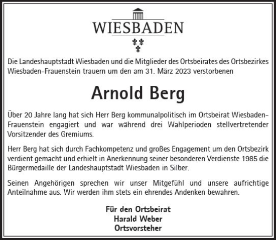 Traueranzeige von Arnold Berg von Wiesbadener Kurier