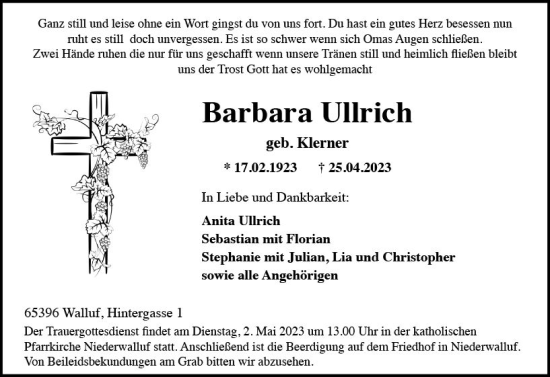 Traueranzeige von Barbara Ullrich von Wiesbadener Kurier