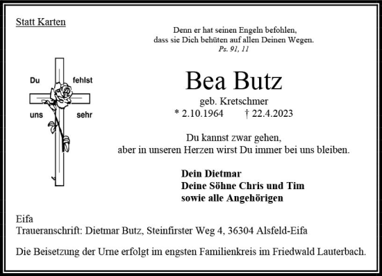 Traueranzeige von Bea Butz von VRM Trauer