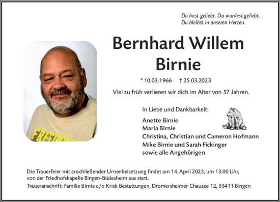 Traueranzeige von Bernhard Willem von Allgemeine Zeitung Bingen/Ingelheim