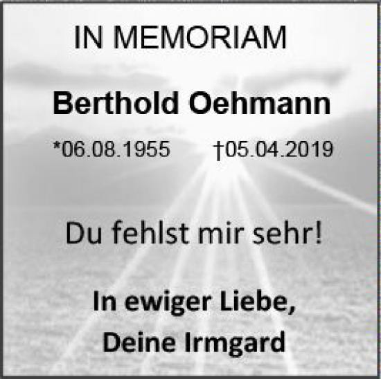 Traueranzeige von Berthold Oehmann von Allgemeine Zeitung Bingen/Ingelheim