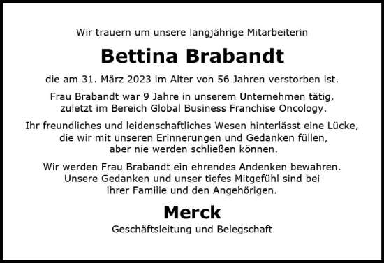 Traueranzeige von Bettina Brabandt von Darmstädter Echo
