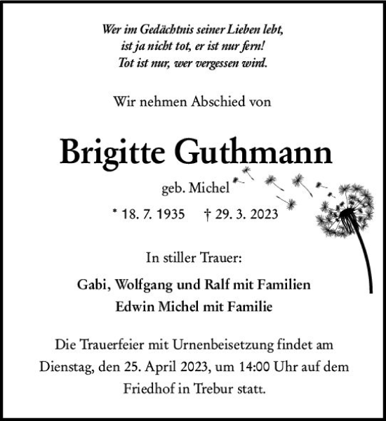 Traueranzeige von Brigitte Guthmann von Rüsselsheimer Echo