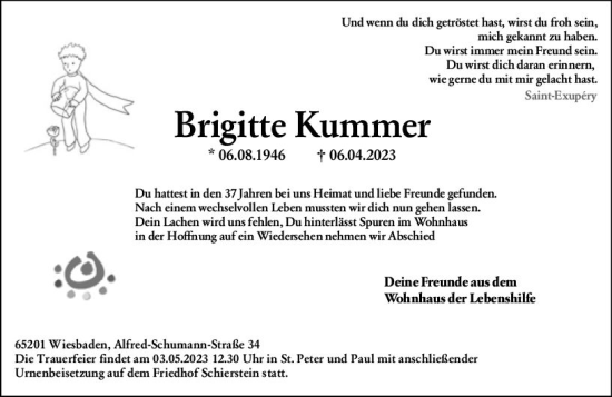 Traueranzeige von Brigitte Kummer von Wiesbadener Kurier Traueranzeige von Brigitte Kummer von Wiesbadener Kurier
