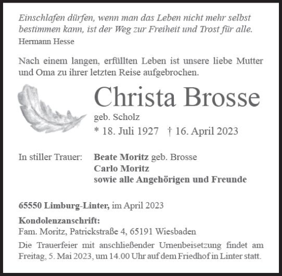 Traueranzeige von Christa Brosse von Nassauische Neue Presse