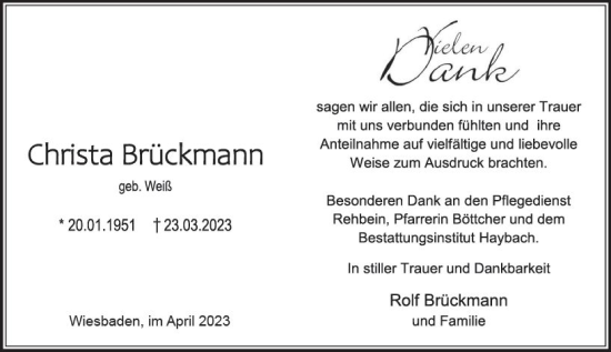 Traueranzeige von Christa Brückmann von Wiesbadener Kurier Traueranzeige von Christa Brückmann von Wiesbadener Kurier
