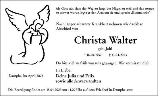 Traueranzeige von Christa Walter von Hinterländer Anzeiger