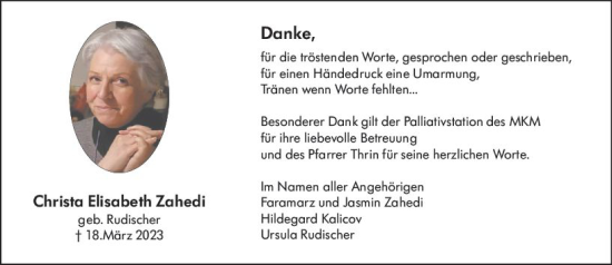 Traueranzeige von Christa Elisabeth Zahedi von Allgemeine Zeitung Mainz
