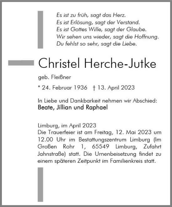 Traueranzeige von Christel Herche-Jutke von Nassauische Neue Presse