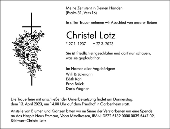 Traueranzeige von Christel Lotz von Wetzlarer Neue Zeitung