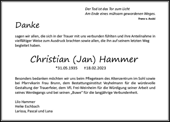 Traueranzeige von Christian Hammer von Allgemeine Zeitung Bingen/Ingelheim