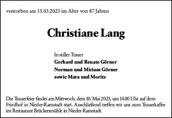 Traueranzeige von Christiane Lang von Darmstädter Echo